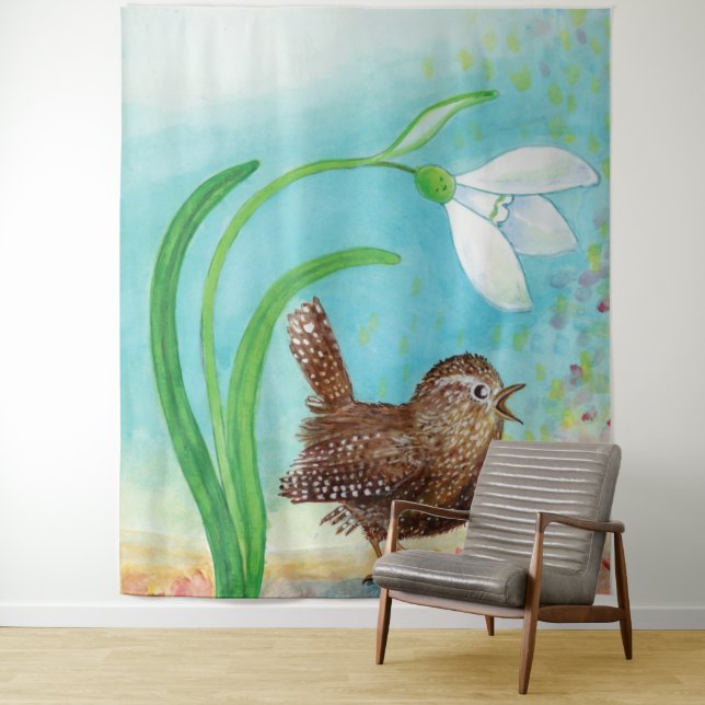 Wren Bird singt in der Morgendämmerung im Frühling Wandteppich (Beispiel)