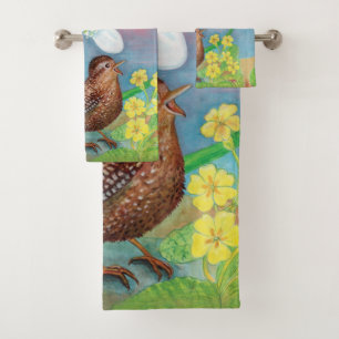 Wren Bird & Snowdrop & Spring Badhandtuch Set