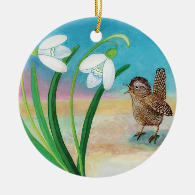 Wren Bird und Snowdrops Keramik Ornament (Vorne)