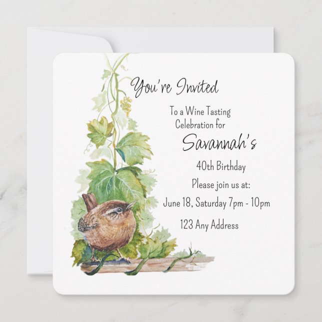 Wren Bird Vineyard Wine Tasting Birthday Einladung (Vorderseite)