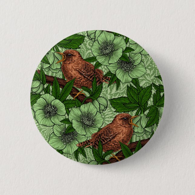Wren und Hellebore, hellgrün Button (Vorderseite)