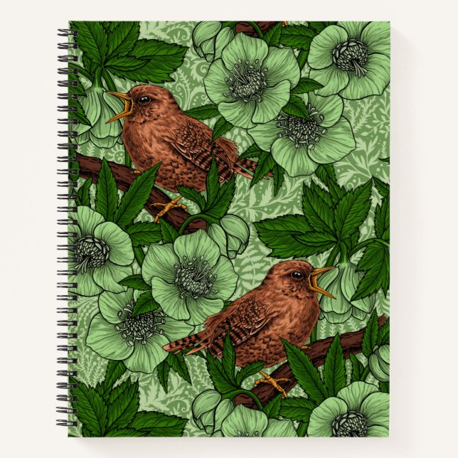 Wren und Hellebore, hellgrün Notizbuch (Vorderseite)