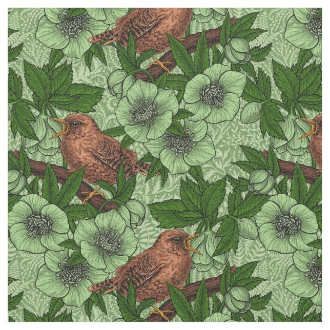 Wren und Hellebore, hellgrün Stoff (Nahaufnahme)