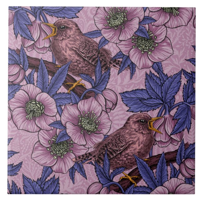 Wren und Hellebore, rosa und violett Fliese (Vorderseite)