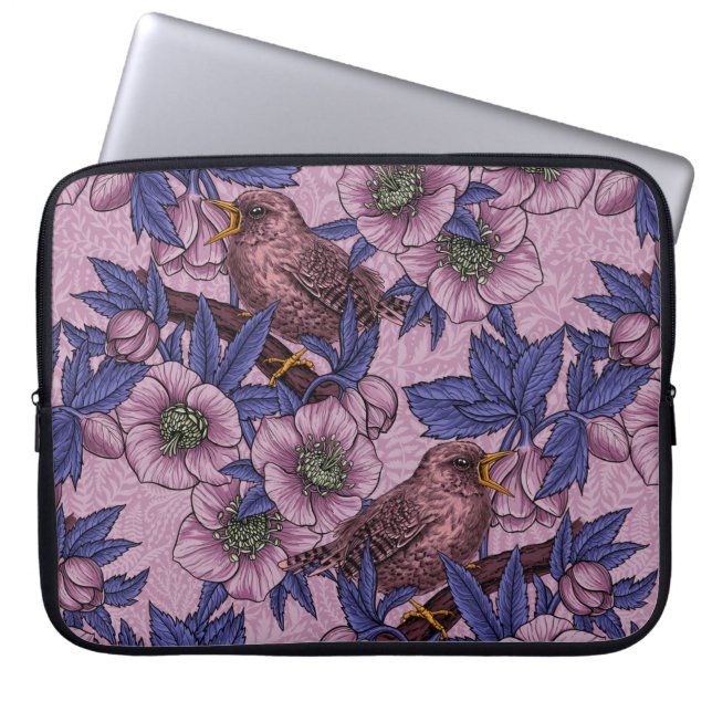 Wren und Hellebore, rosa und violett Laptopschutzhülle (Vorderseite)