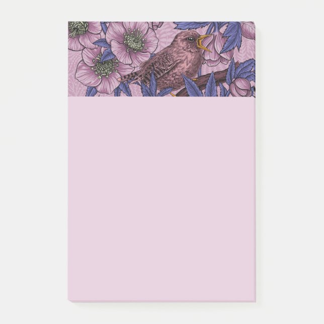 Wren und Hellebore, rosa und violett Post-it Klebezettel (Vorderseite)