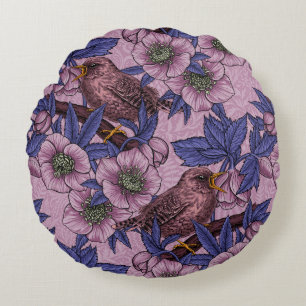 Wren und Hellebore, rosa und violett Rundes Kissen