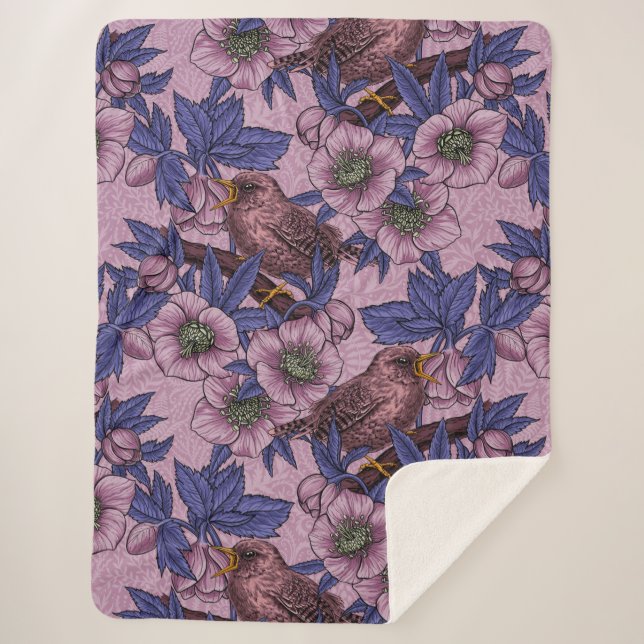 Wren und Hellebore, rosa und violett Sherpadecke (Vorderseite)