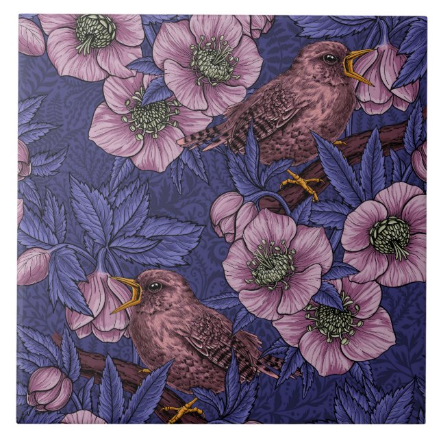 Wren und Hellebore, violett und rosa Fliese (Vorderseite)