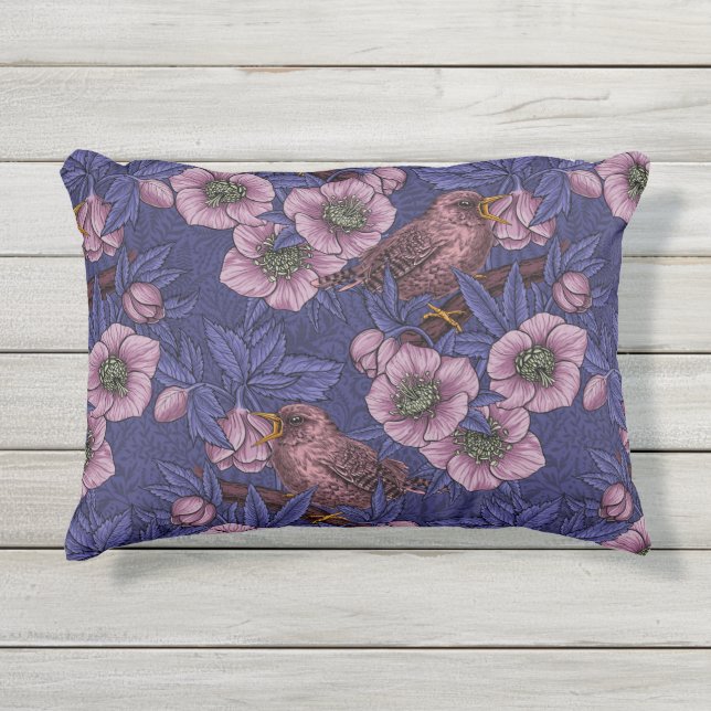 Wren und Hellebore, violett und rosa Kissen Für Draußen (Vorderseite)