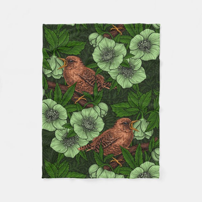 Wren und Hellebos auf dunkelgrün Fleecedecke (Vorderseite)