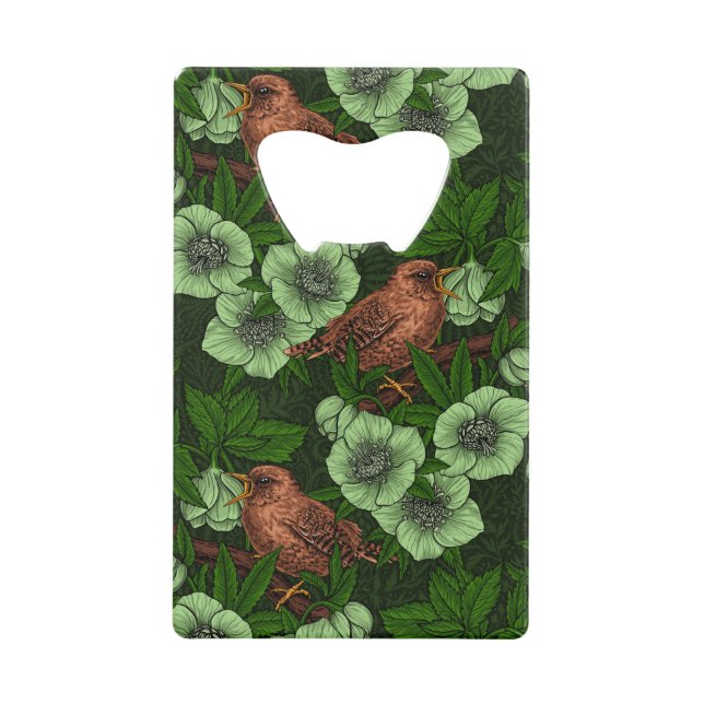 Wren und Hellebos auf dunkelgrün Geldbeutel Flaschenöffner (Vorderseite)