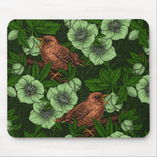 Wren und Hellebos auf dunkelgrün Mousepad