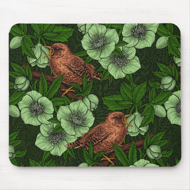 Wren und Hellebos auf dunkelgrün Mousepad (Vorne)