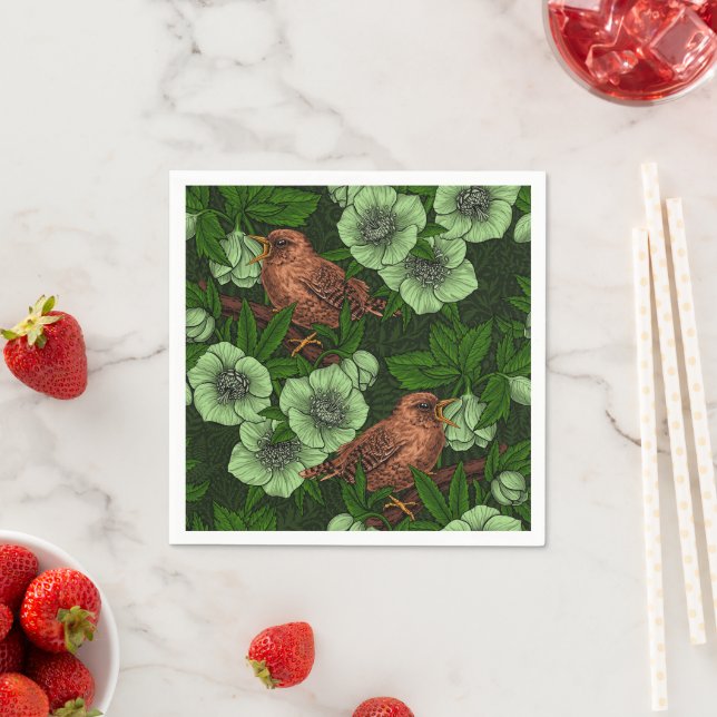 Wren und Hellebos auf dunkelgrün Serviette (Beispiel)