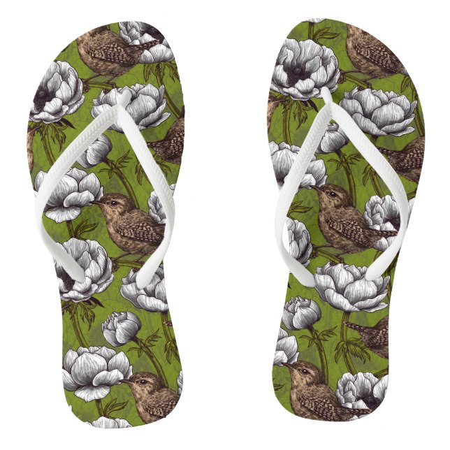 Wrens im weißen Anemonengarten Flip Flops (Fußbett)
