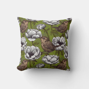 Wrens im weißen Anemonengarten Kissen