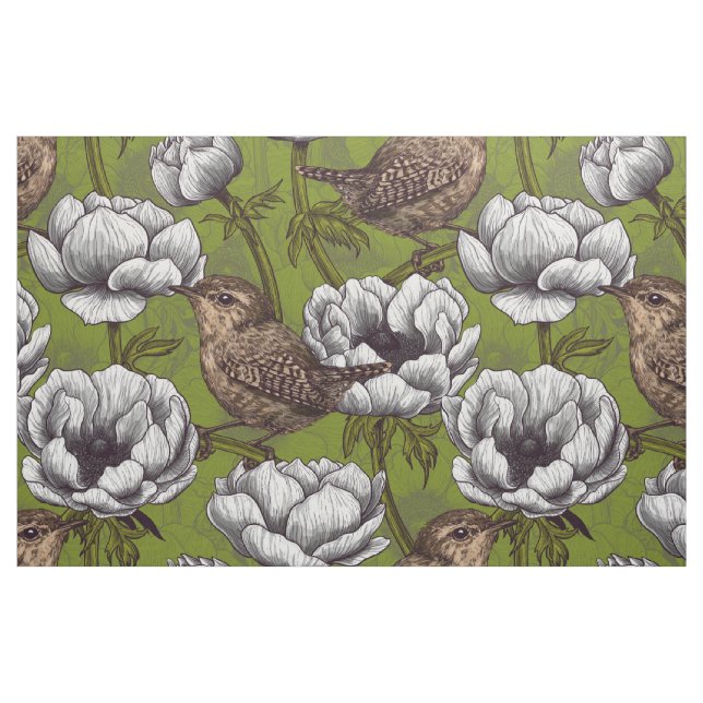 Wrens im weißen Anemonengarten Stoff (Fat Quarter (45,7 x 55,9 cm))