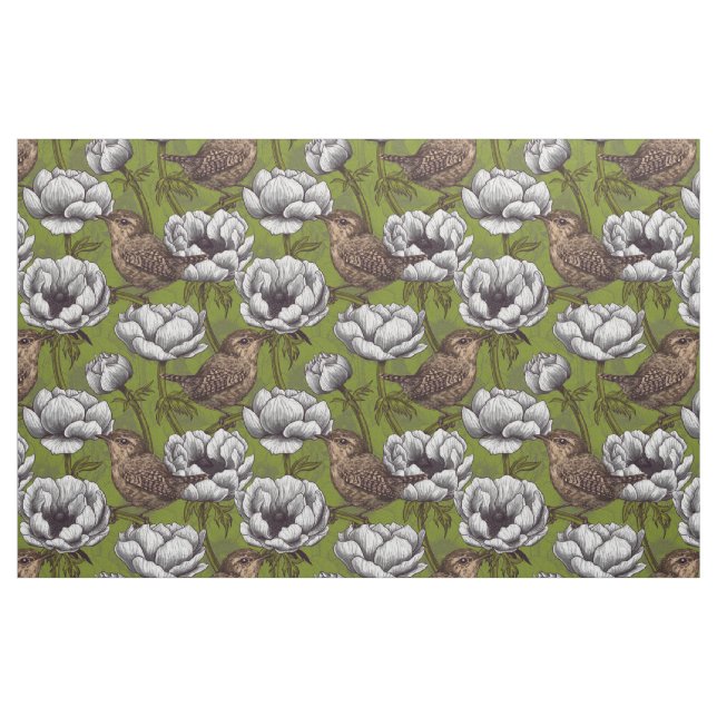 Wrens im weißen Anemonengarten Stoff (Fat Quarter (45,7 x 55,9 cm))