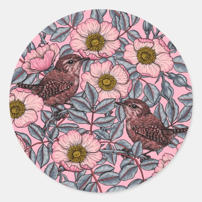 Wrens in den Rose Runder Aufkleber (Vorderseite)