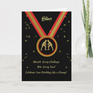 Wrestler Birthday Black Gold und Red Medal Champ Karte