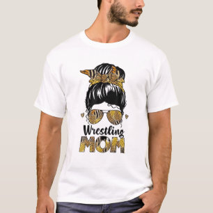 Wrestling Mama Leopard Messy Hair Bun Mother Day T-Shirt