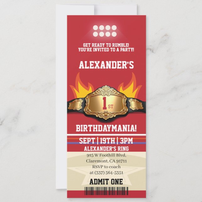 Wrestling-Ticket 1. Geburtstagsfeier Einladung (Vorderseite)
