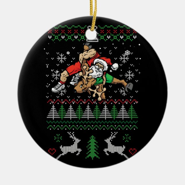 Wrestling Ugly Christmas Wrestler Santa Reindeer F Keramik Ornament (Vorne)
