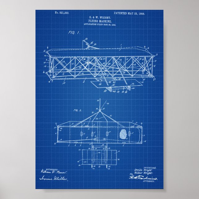 Wright Brothers Flugzeugpatent - Blueprint Poster (Vorne)