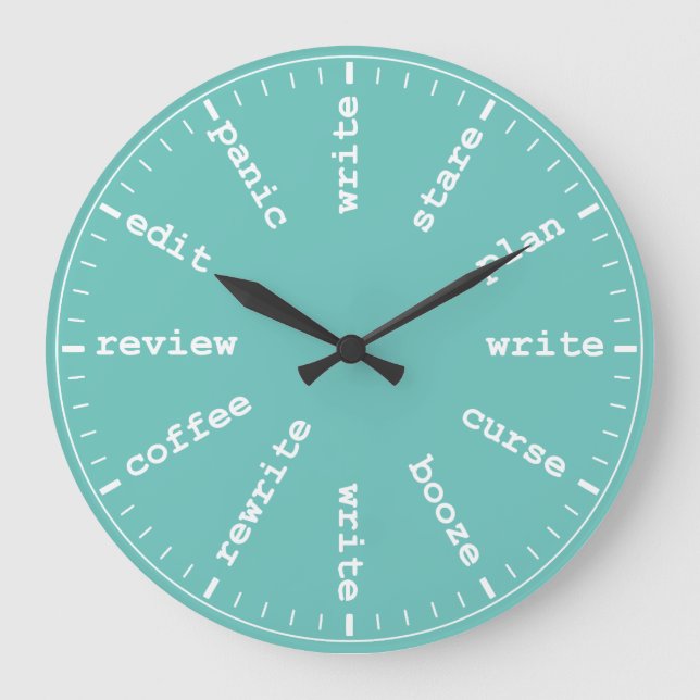 Writer's Clock - Humorischer Spaß in Aqua Große Wanduhr (Vorderseite)