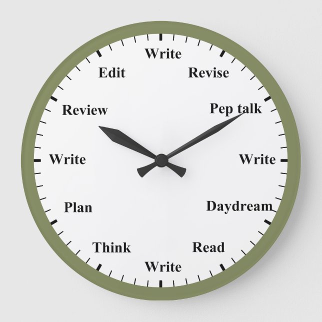 Writer's Clock - Writing Job Fun Olive Green Clock Große Wanduhr (Vorderseite)