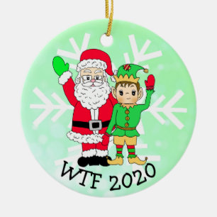 WTF 2020 Santa und Elf in Facemask Keramik Ornament