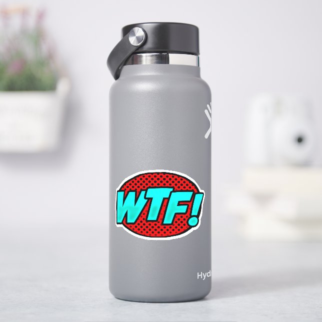 WTF Pop Art Aqua Blue on Red Burning on 4" Vinyl Aufkleber (HydroFlask)