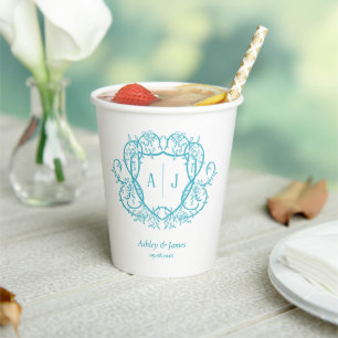 Wuchernd Rose Türkis Monogramm Wappen Hochzeit Pappbecher
