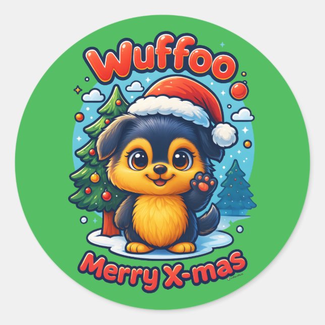 Wuffoo Molli Merry X-mas Kawaii 3D Holiday Runder Aufkleber (Vorderseite)