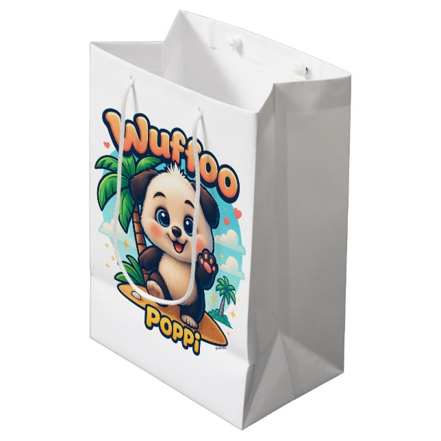 Wuffoo Poppi Cute Kawaii Puppy Tropical Island Mittlere Geschenktüte (Vorderseite Schrägansicht)