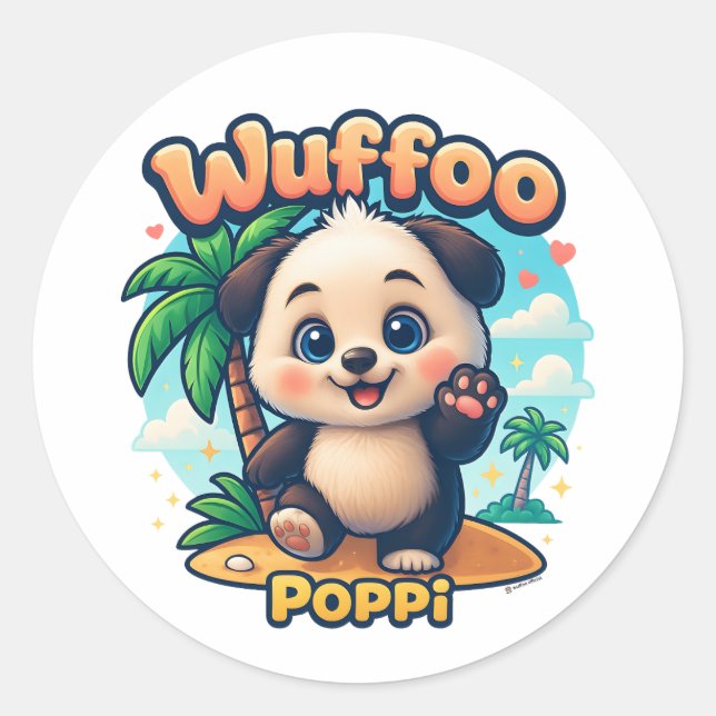 Wuffoo Poppi Cute Kawaii Puppy Tropical Island Runder Aufkleber (Vorderseite)