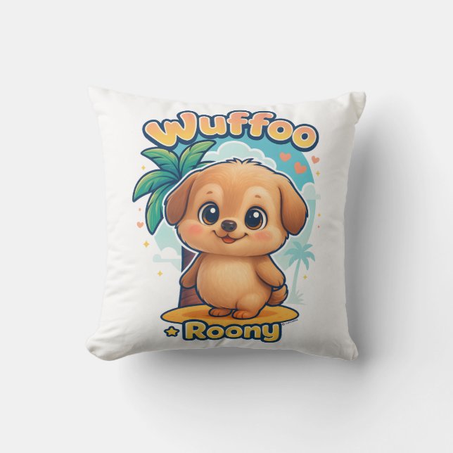Wuffoo Roony Cute Kawaii Puppy Tropical Island Kissen (Vorderseite)