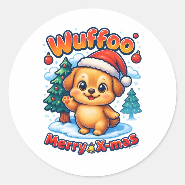 Wuffoo Roony Merry X-mas Kawaii 3D Holiday Runder Aufkleber (Vorderseite)