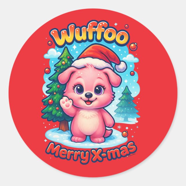 Wuffoo Shelly Merry X-mas Kawaii 3D Holiday Runder Aufkleber (Vorderseite)