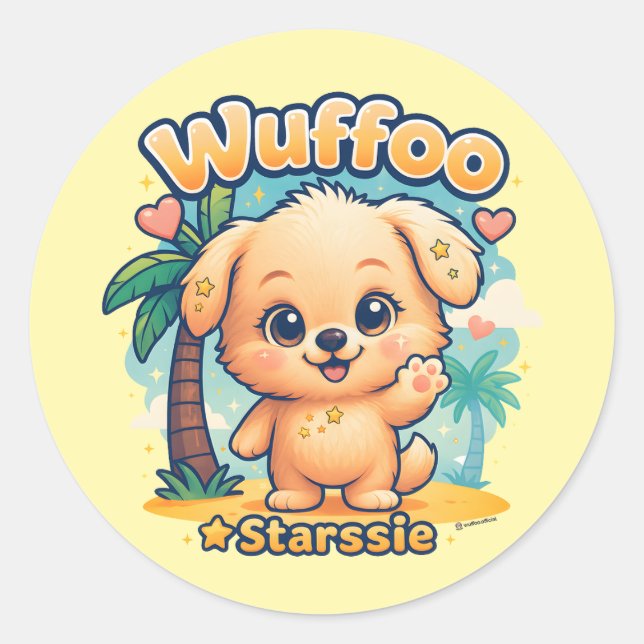 Wuffoo Starssie Kawaii Puppy Tropical Island Runder Aufkleber (Vorderseite)