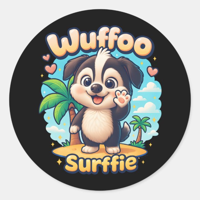 Wuffoo Surffie Cute Kawaii Puppy Tropical Island Runder Aufkleber (Vorderseite)