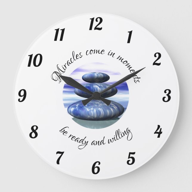 Wunder kommen in Augenblicken Blau und Weiß Große Wanduhr (Vorderseite)