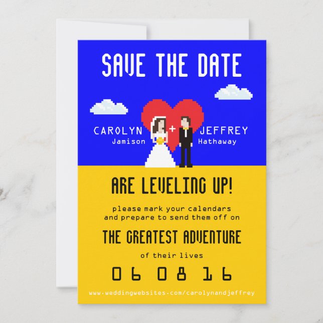 Wunderbar Nerdy 8-Bit Bride & Groom Save the Date (Vorderseite)