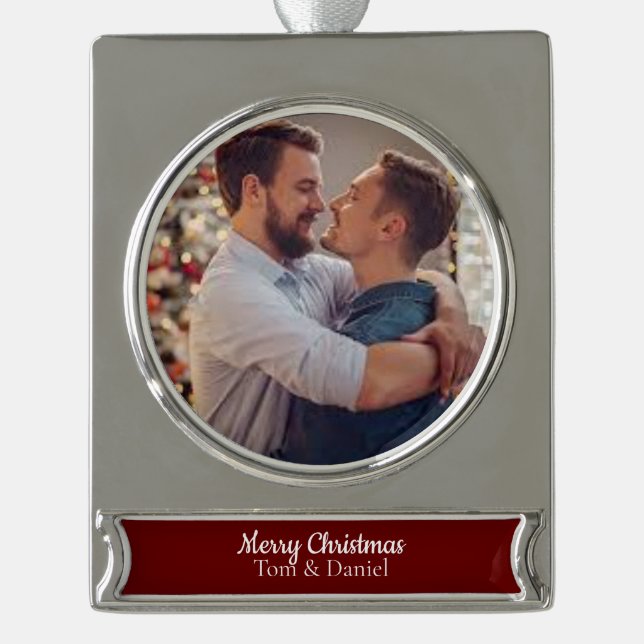 Wunderbare homosexuelle Paare des Weihnachten| Banner-Ornament Silber (Vorderseite)