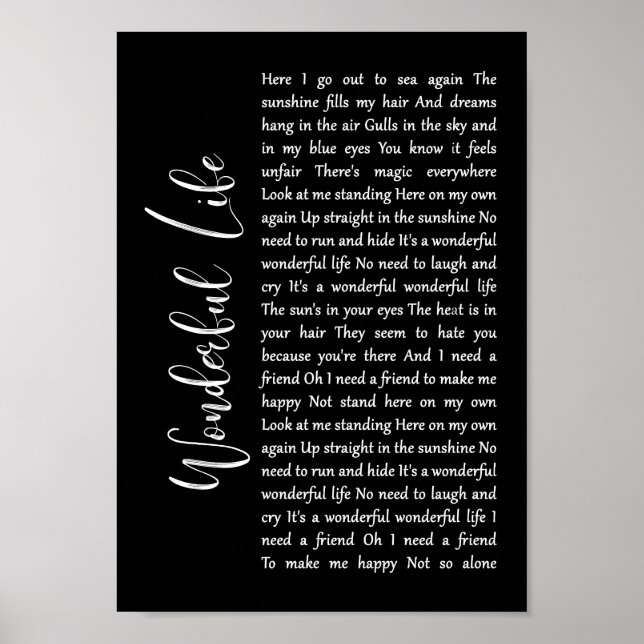 Wunderbare Life Black Script Song Lyric Print Poster (Vorne)