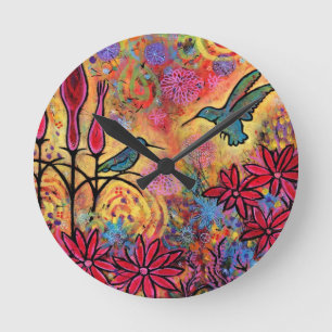 Wunderliche, bunte Kolibri-Fantasie Runde Wanduhr