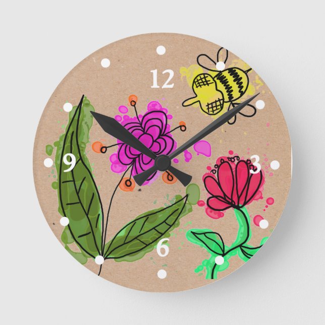 Wunderliche gemalte Blumen und Bienen-Uhr Runde Wanduhr (Vorderseite)