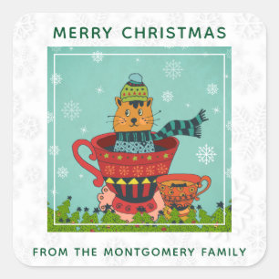 Wunderliche Katze, die in einem Teacup-Weihnachten Quadratischer Aufkleber