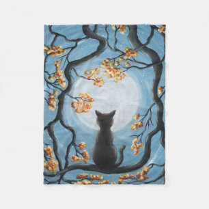 Wunderliche Katze in der Baum-Vollmond-Malerei Fleecedecke